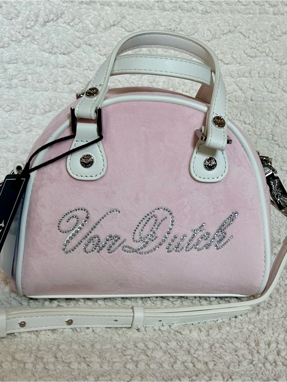 Von Dutch Baby Pink Velvet Velour Bowling Bag w/ Rhinestone Logo McBling